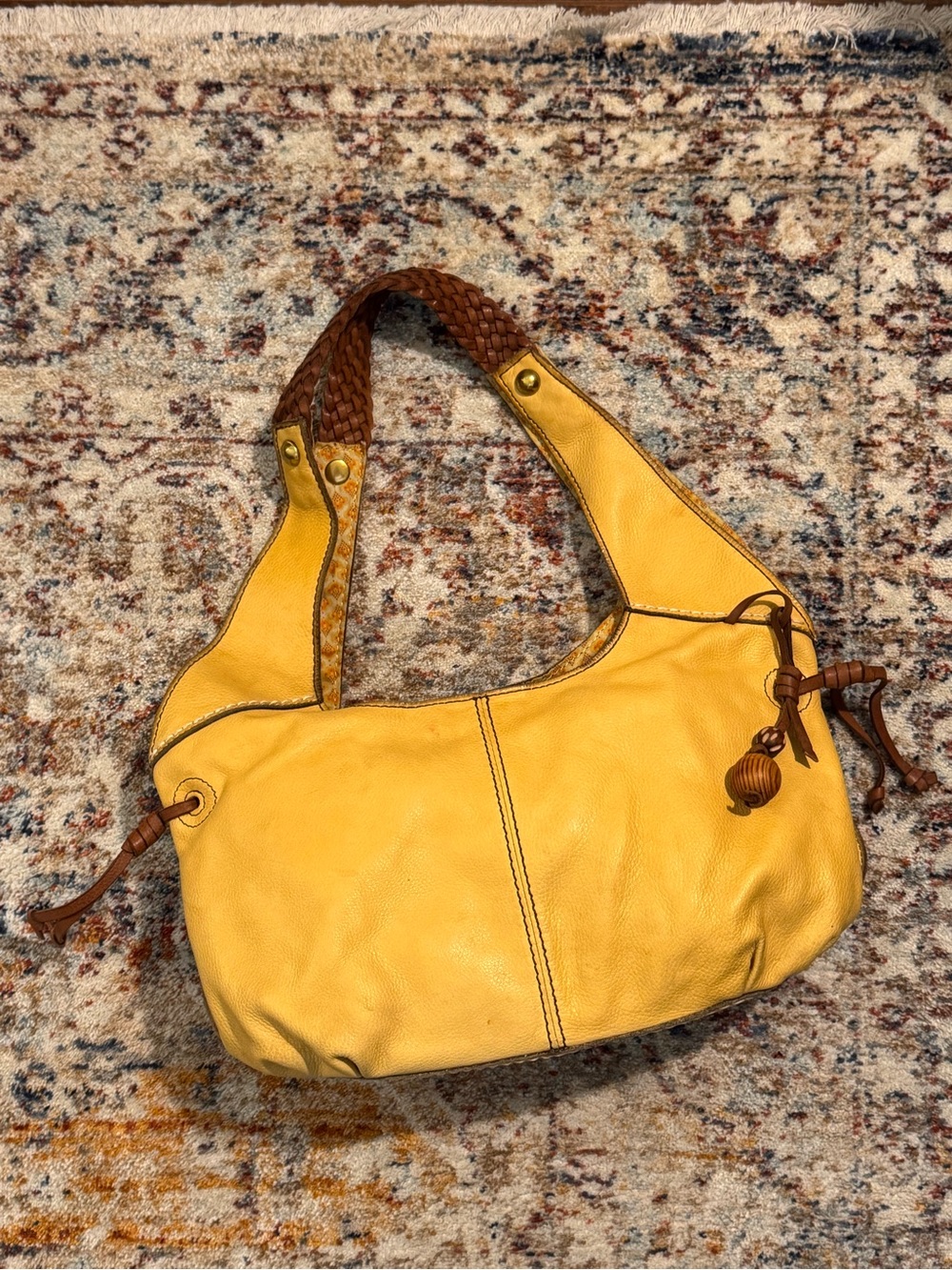 Fossil - Yellow Leather Hobo Bag with Braided Brown Handle